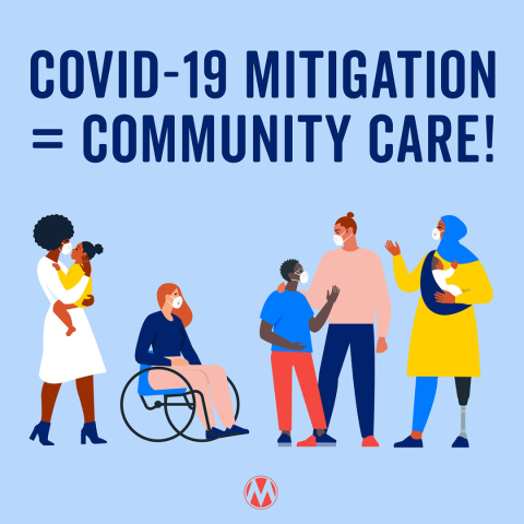 Text written “COVID-19 Mitigation = Community Care!” with a group of moms and children wearing masks