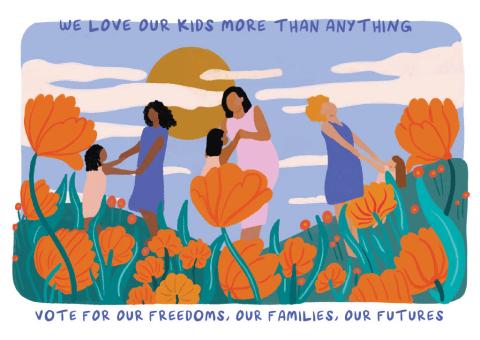 A postcard that reads: We love our kids more than anything. Vote for our future.