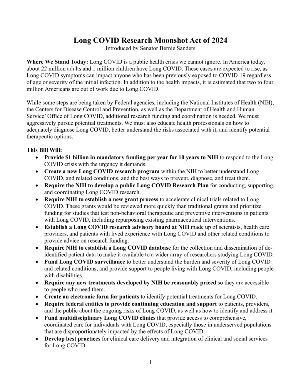 One pager for Long COVID Research Moon Act of 2024 that not only plans to spend $1billion in long COVID rearch for the NIH, but also funding care, public awareness, monitoring, and more!