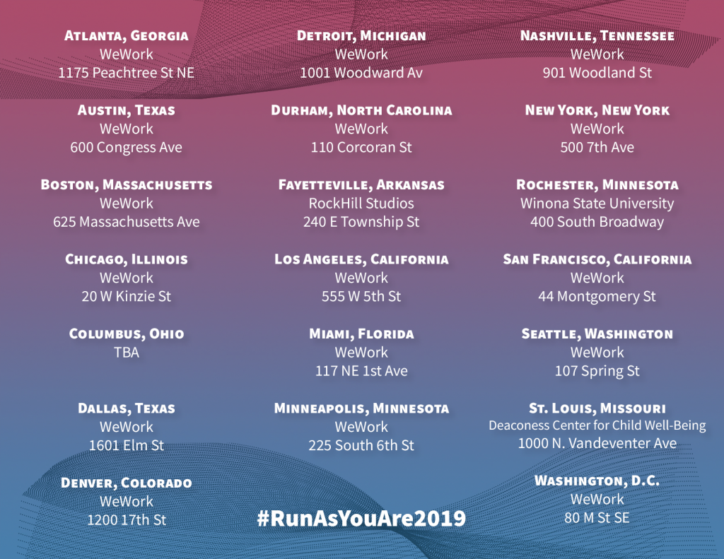 [IMAGE DESCRIPTION: A graphic image with a blue and red ombre background and text that lists the cities for the "Vote Run Lead" "Run As You Are" training.]