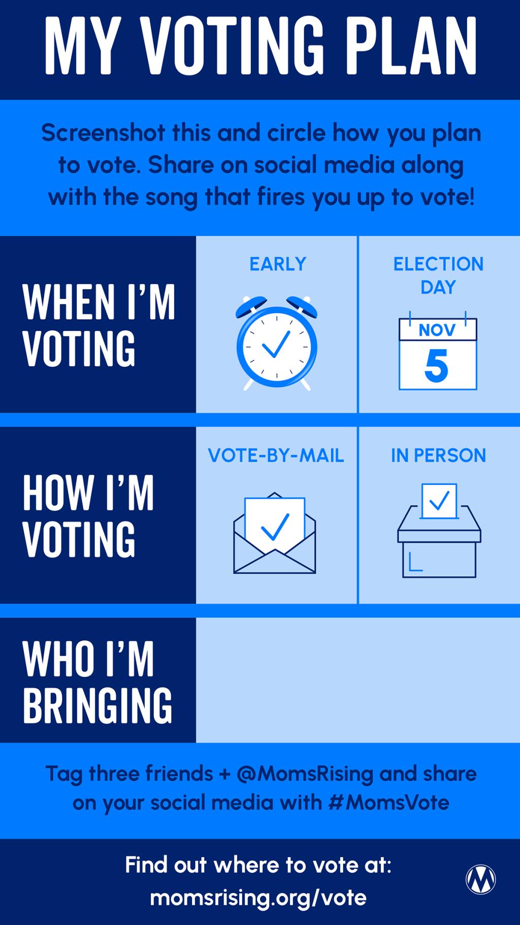 Graphic for Instagram story featuring sections labeled 'When I'm Voting,' 'How I'm Voting,' and 'Who I'm Bringing,' with a prompt to tag three friends and @momsrising, encouraging sharing with the hashtag #momsvote.