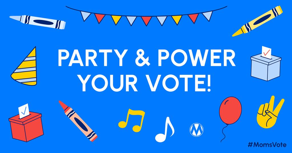 Header image featuring the text 'Party and Power Your Vote' surrounded by icons representing parties