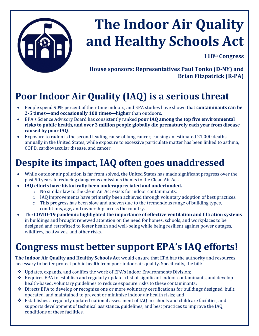 Fact Sheet for The Indoor Air Quality and Healthy Schools Act thay plans to address poor indoor air quality in public buildings